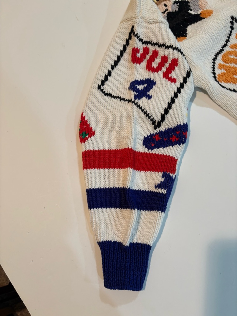 VINTAGE | Hand-Knit Holiday Calendar Cardigan - Cream with Navy Trim - Picture 7 of 12